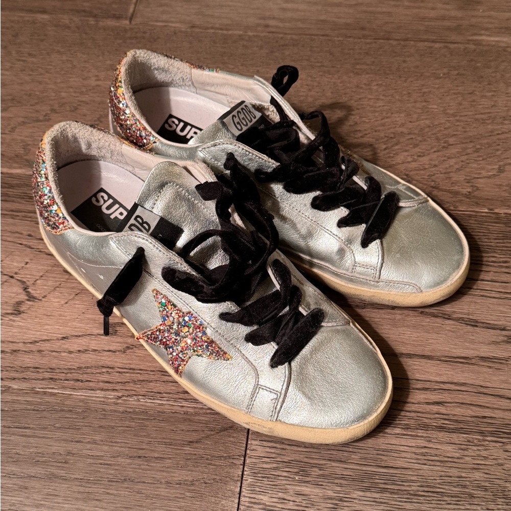 Silver Superstar Golden Goose with Colorful Sparkles size 38